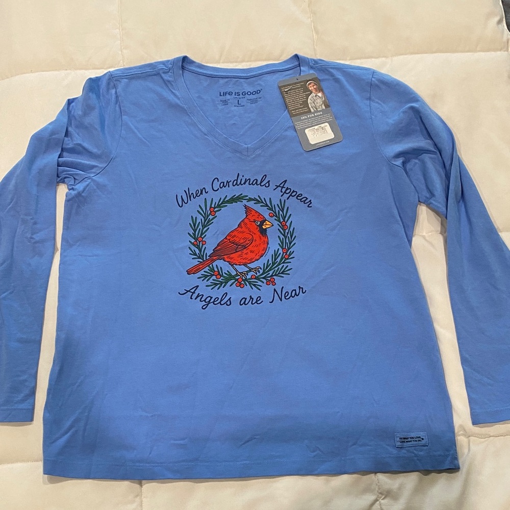 NWT ladies Life Is Good Sky Blue Cardinal Graphic long sleeve size large